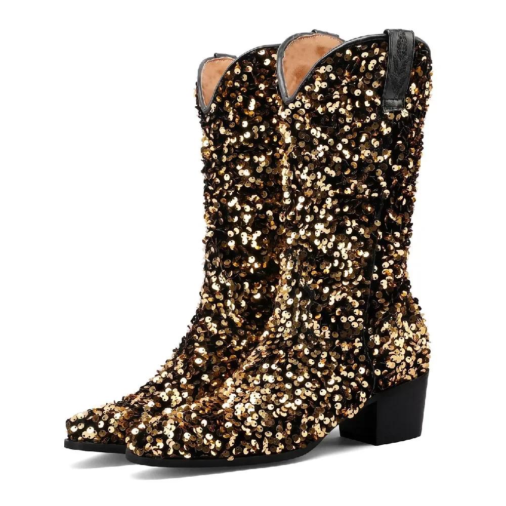 Bling Gold Sequined Cloth Western Cowboy Mid-calf Boots for Women High Block Heel Pointed Toe Cowgirl Slip-on American Half Boot
