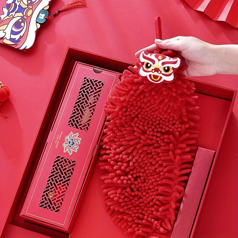 3 Stück, Festliche Handtücher in Tiefrot, Weiche Handtücher im chinesischen Stil mit Löwentanz- und Fu-Zeichen-Design, Geeignet für Küche, Badezimmerzubehör