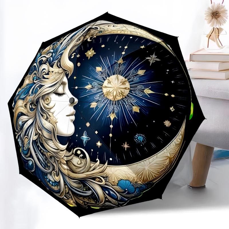 1pc Sturdy 8-Bone Auto Umbrella, Sun and Moon Umbrella, Digital Printed, Foldable Umbrella for On-the-Go Outdoor Use