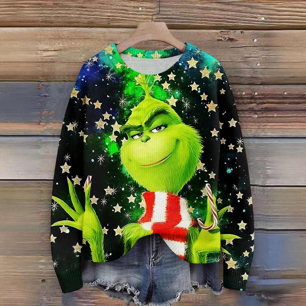 Long Sleeve Pullover Sweaters For Women O Neck Casual Cute Printing Knit Oversized Sweater