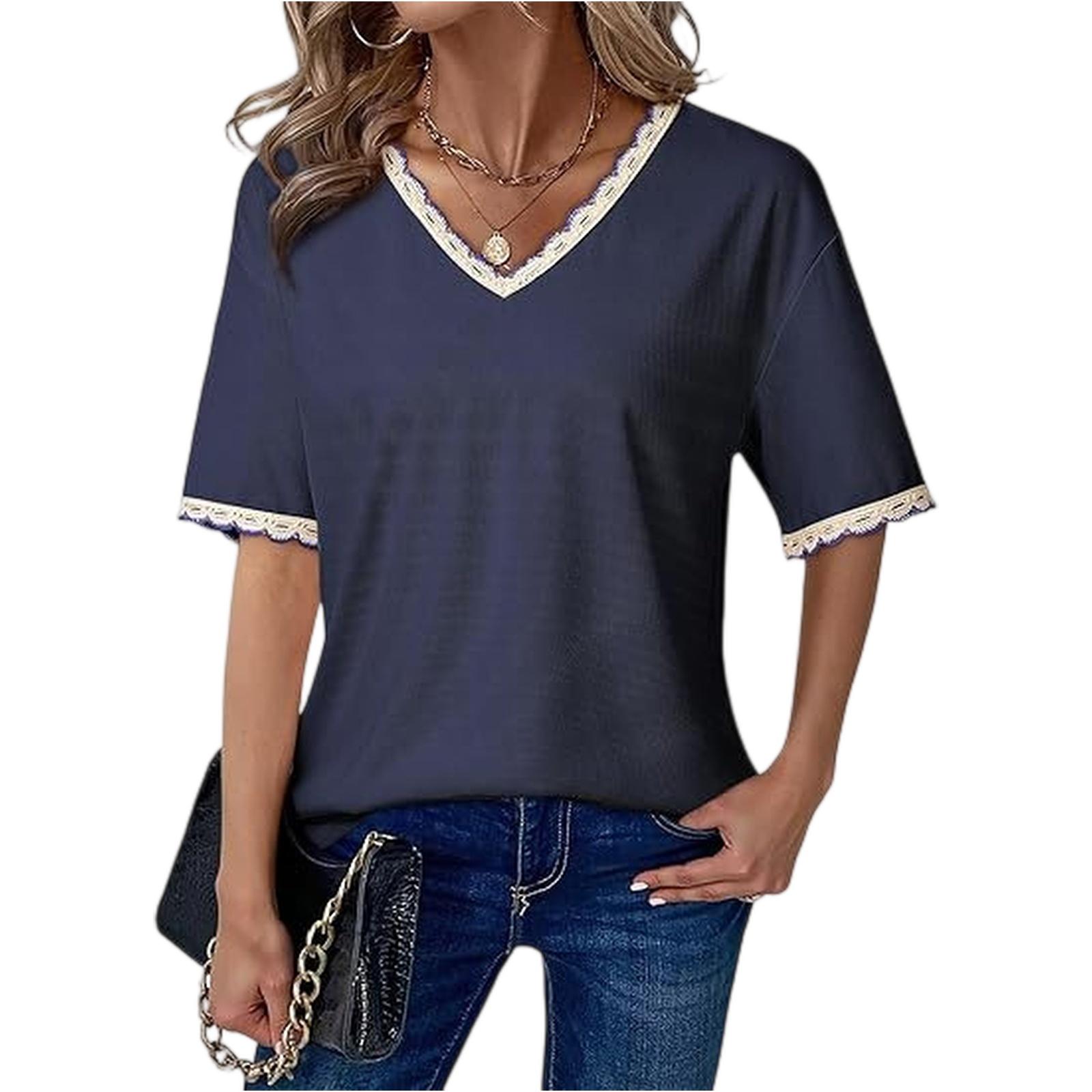 Women s Color Lace V-Neck Loose T-shirt Short Sleeve Top S