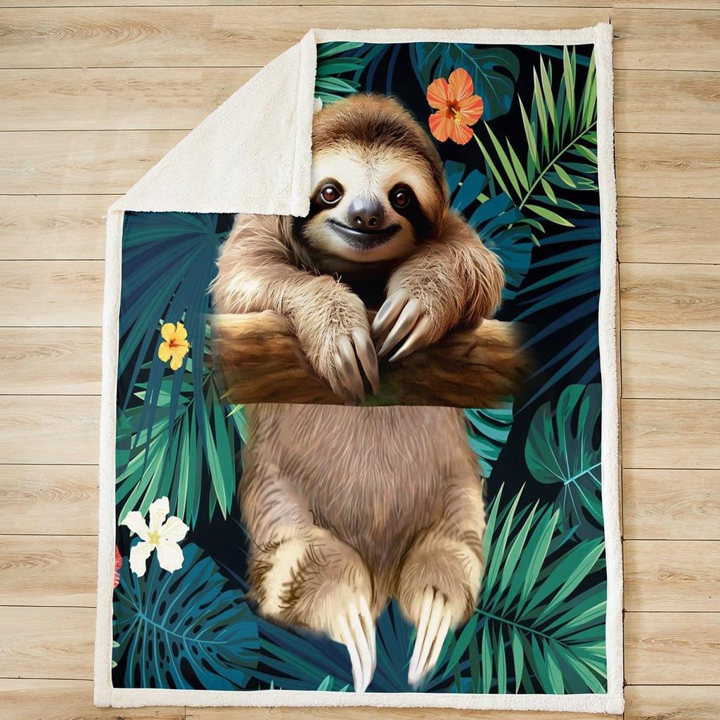 Cute Sloth Blanket Soft Fleece Throw Tropical Jungle Design Animal Lover Gift Home Decor Relaxing Theme