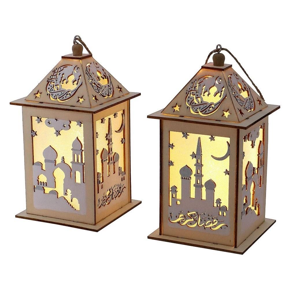 Festival Party Wooden Ramadan LED Lantern Hanging Moon Star Design Eid Mubarak Lantern Hollow Lantern Ornament Festival Party