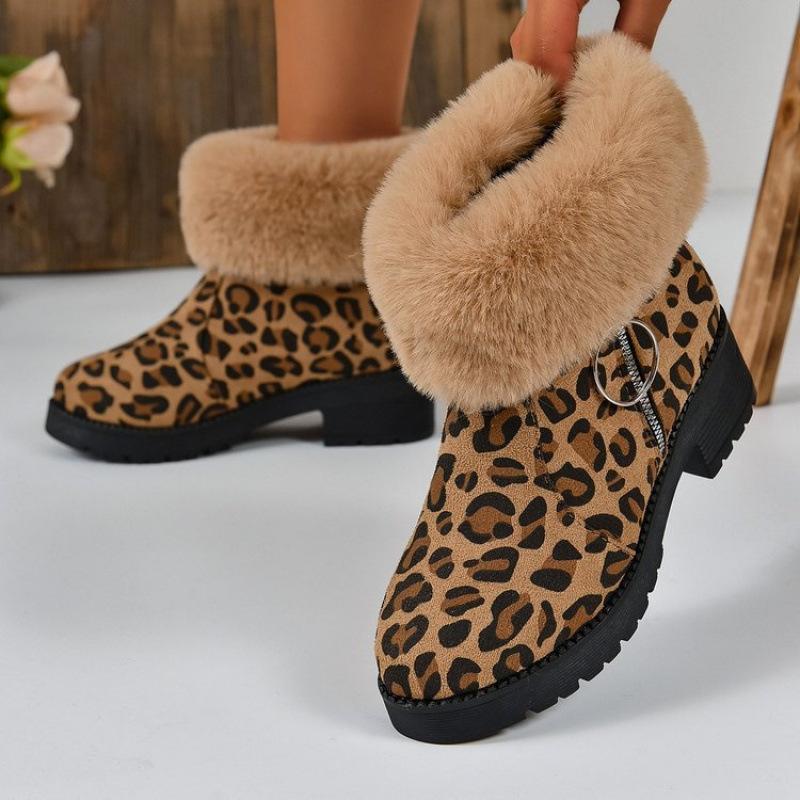 Winter New Large Size Leopard Print Short Boots European and American Round Head Lint Cotton Comfortable Flat Bottom Martin Boots
