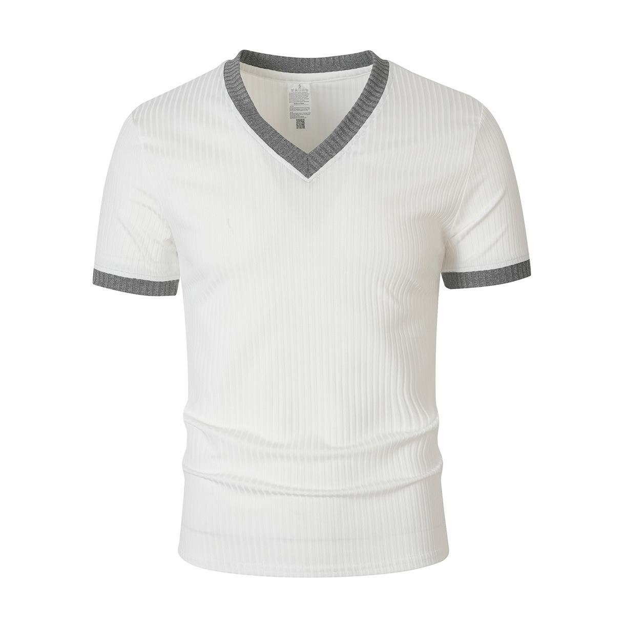 Mens Slim Fit V Neck Short Sleeve Ribbed Striped Casual Sports Fitness T Shirt S белый
