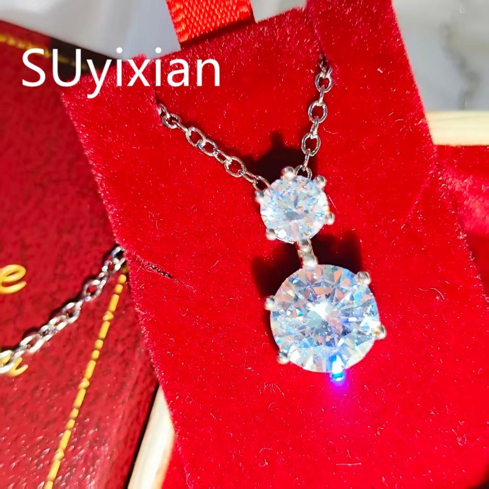 925 Sterling Silver Stylish Simple Double Zircon Pendant Necklace Birthday Party Anniversary Gift серебряный