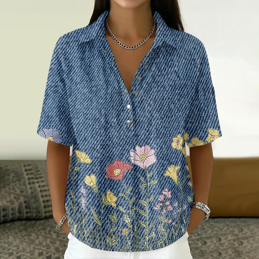 Women Vintage Floral Print Short Sleeve Shirt Loose Fit Button Down Collar Top Casual Linen Cotton Blend Blouse
