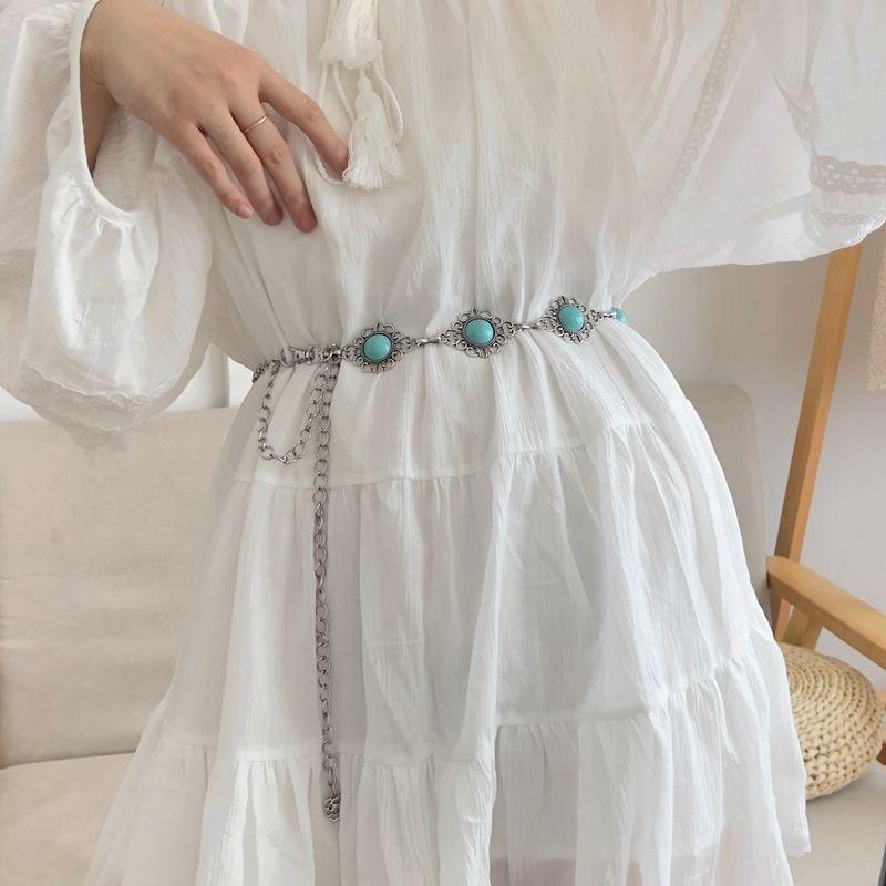 Boho Style Imitation Turquoise Carved Waist Chain for Women Versatile Retro Dress Decorative Metal Ethnic Waist Belt