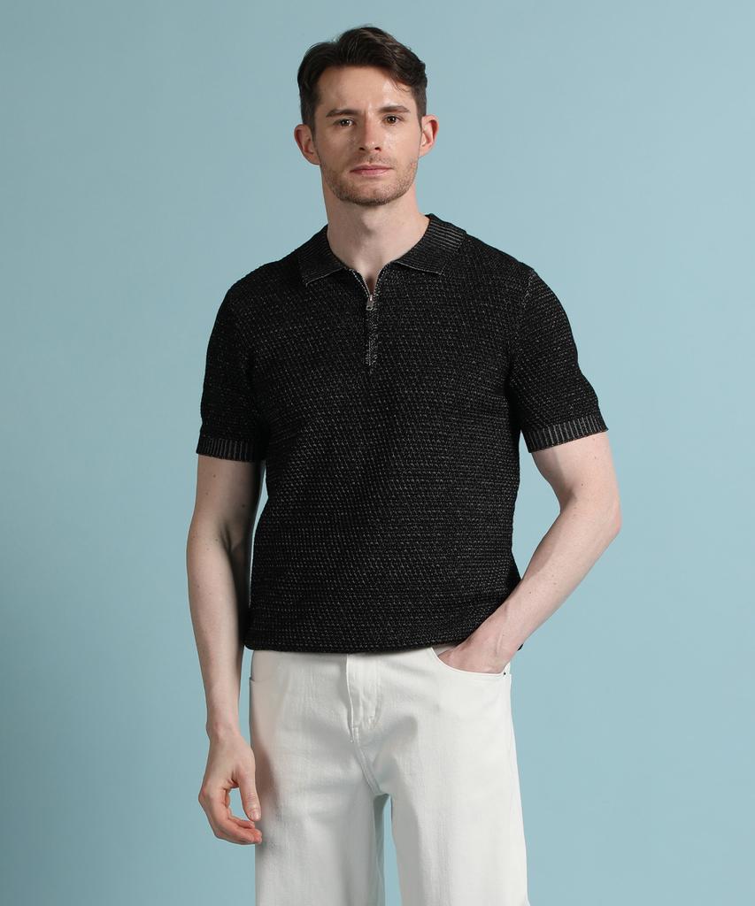 PANICALE Black Melange Half-Zip Polo Knit