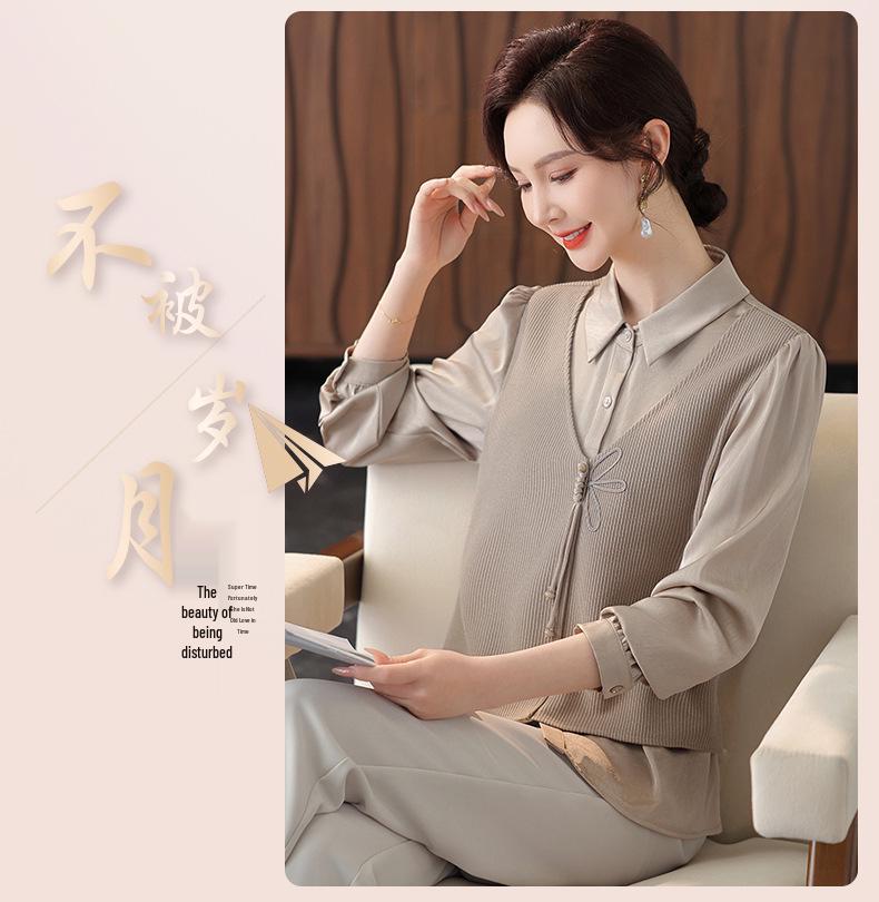 Mom's Fashionable Faux Two-Piece Top: Chic Spring & Autumn Shirt for Middle-Aged Women, 2026 New Style