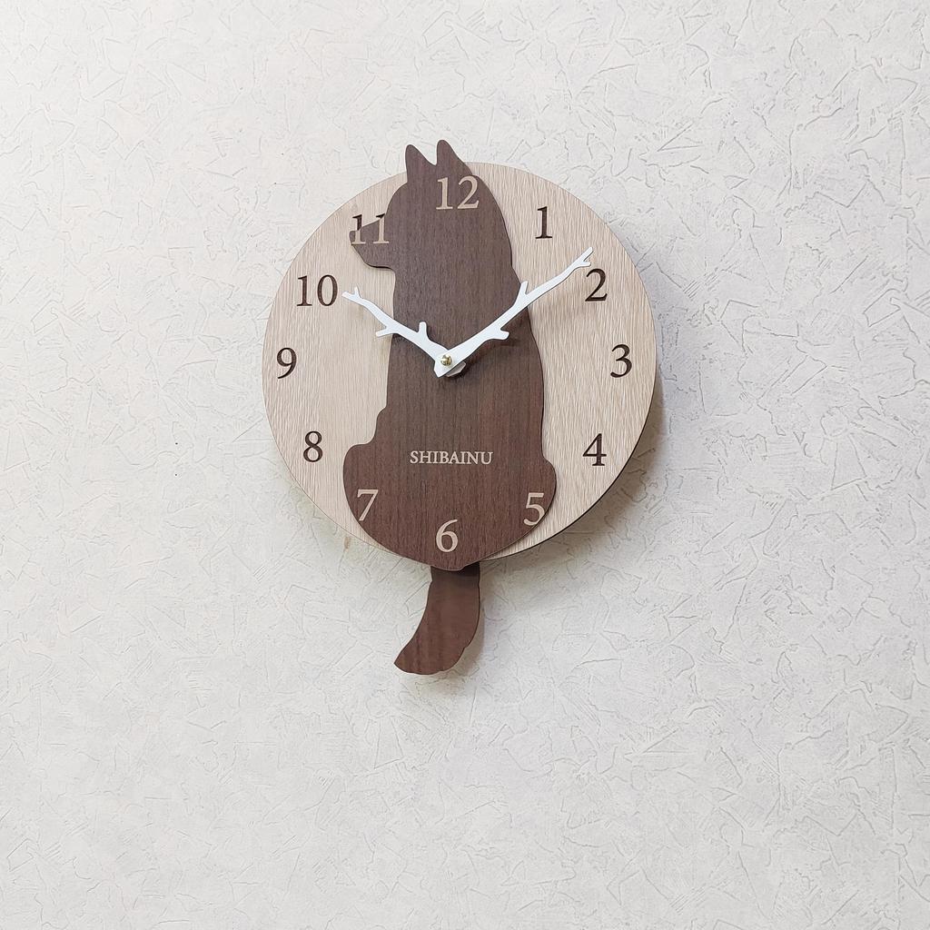 Shiba Inu Brown Wall Clock with Pendulum, Wooden Design, Quiet, Natural, Stylish, Dog Lover's Gift, Dog Motif, Nordic Style, Cute, Wagging Tail