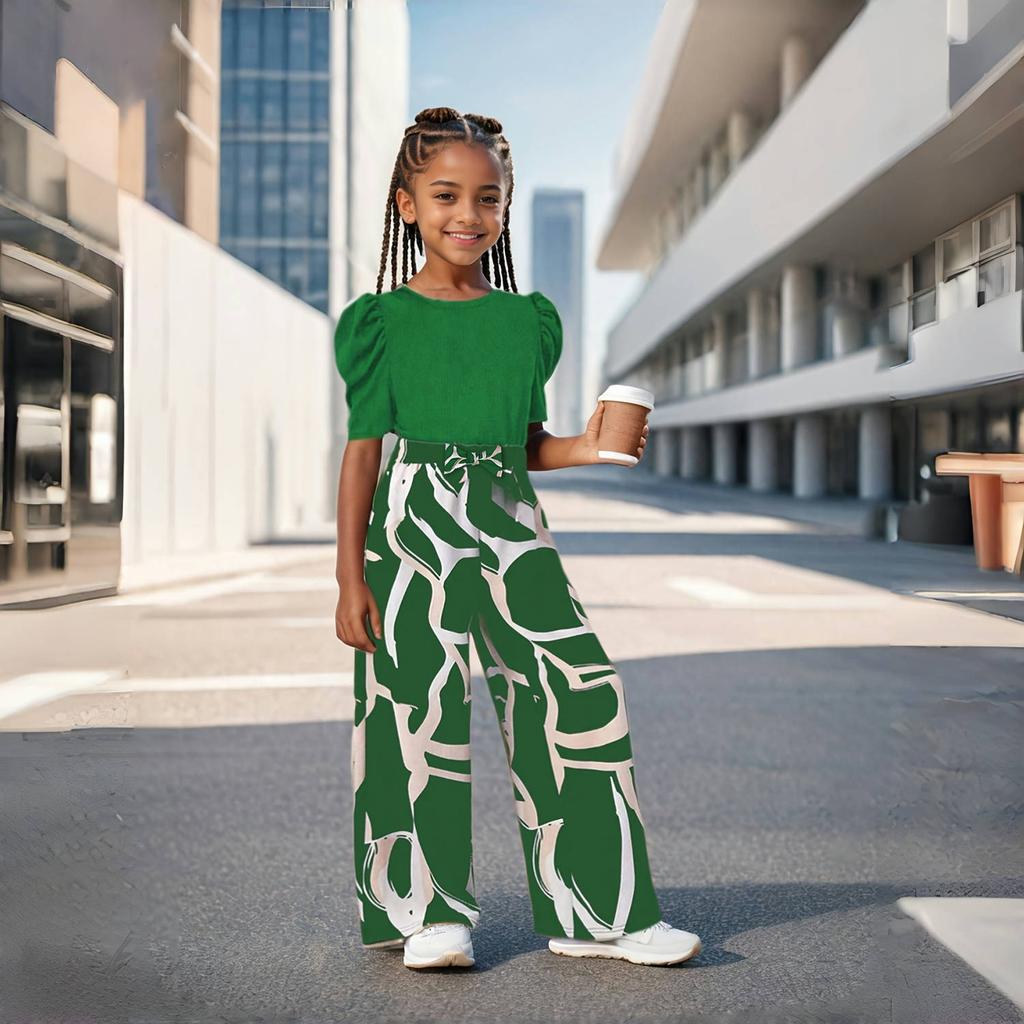 Dziewczęcy luźny top z bufiastymi rękawami i szerokimi nogawkami, kwiatowy nadruk, zestaw spodni z letnią modą dla dzieci