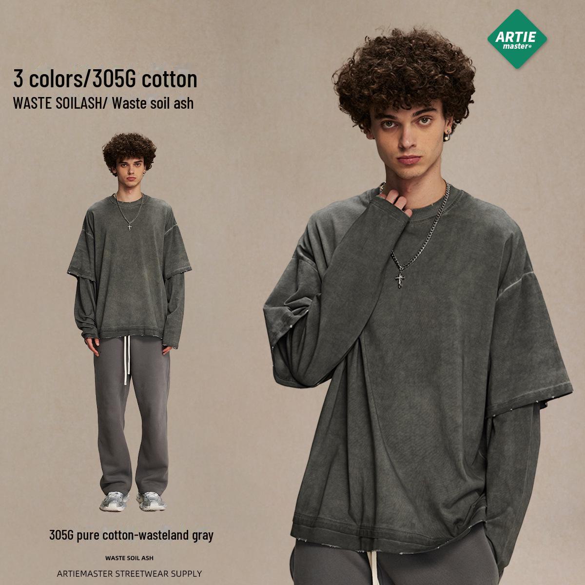 

ARTIE Унисекс 2024 Осень Стильная потертая футболка с длинными рукавами из двух частей M