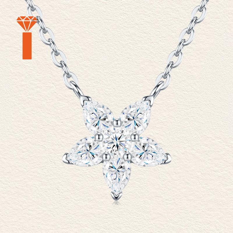Hot Selling S925 Sterling Silver Floral Moissanite Necklace Rhodium Plated Pear Cut Adjustable Extension Chain Jewelry Necklace