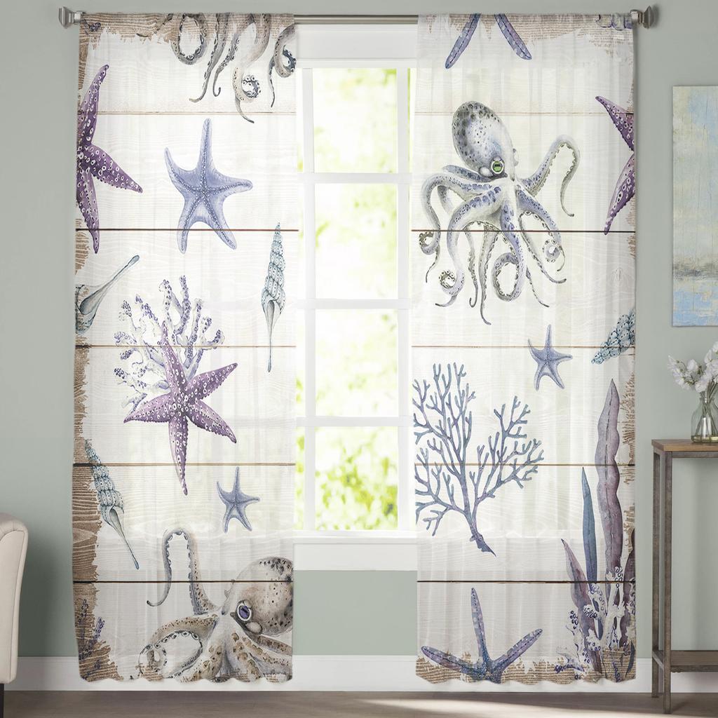 Tüllvorhang mit Meeresmotiven, Aquarell-Kreaturen, Seesterne, Oktopus, Voile, transparent, für Schlafzimmer, Wohnzimmer, durchsichtige Fenstervorhänge