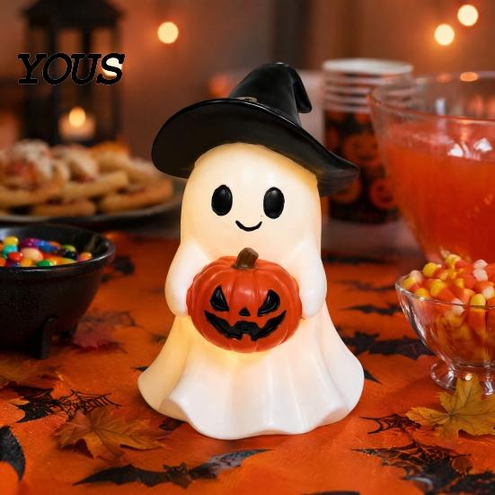 Halloween Ghost Figurine Figurine, Cute Resin Holding Pumpkin Whimsical Statue for Desk Tabletop Indoor Home Decor Healing Room Accessory