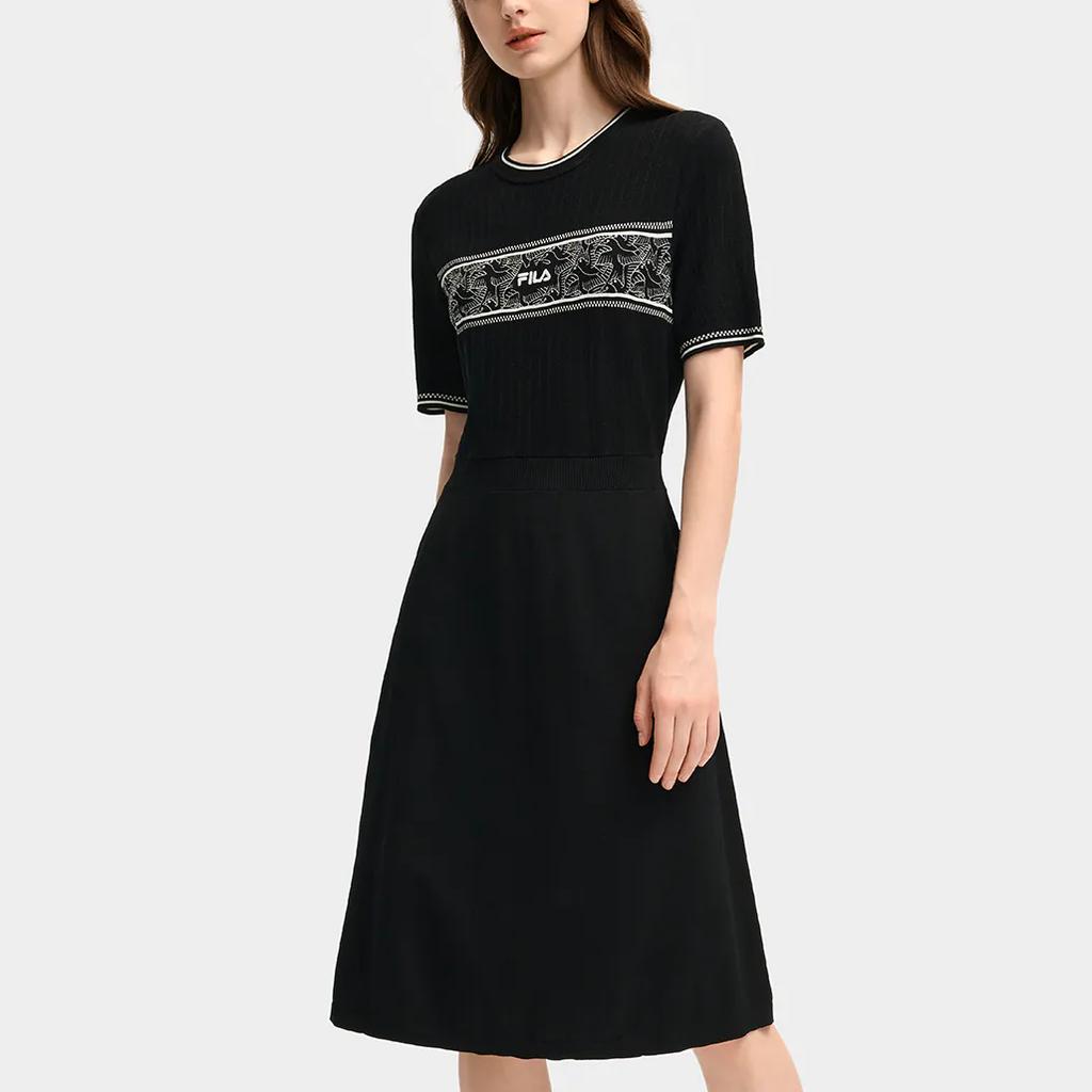 Fila X M.C. ESCHER Heritage Series Fashion Casual Woven Short Sleeve Dress Women Dresses Black F11W538311F-BK