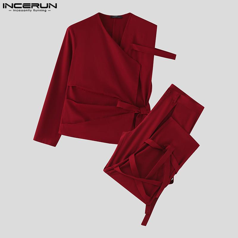 INCERUN Two Pieces Outfits Men One Shoulder Shirt Long Bandage Harem Pants Sets
