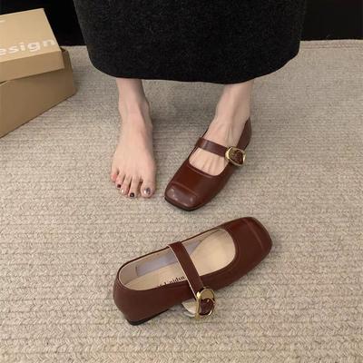 Balerini Mary Jane Pantofi cu vârf pătrat Pantofi de primăvară și toamnă pentru femei Pantofi din piele moale Pantofi cu cataramă cu un cuvânt pentru damă Pantofi retro eleganți și dulci