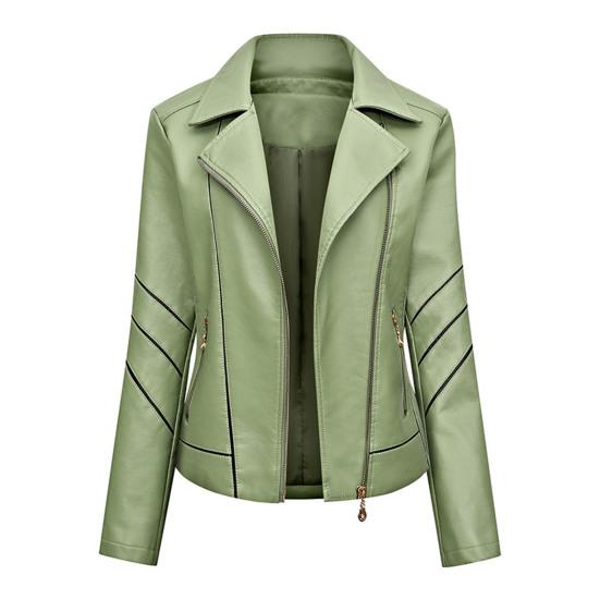 Women Jacket Solid Color Faux Leather Windproof Slim Lady Coat for Motorcycle Riding