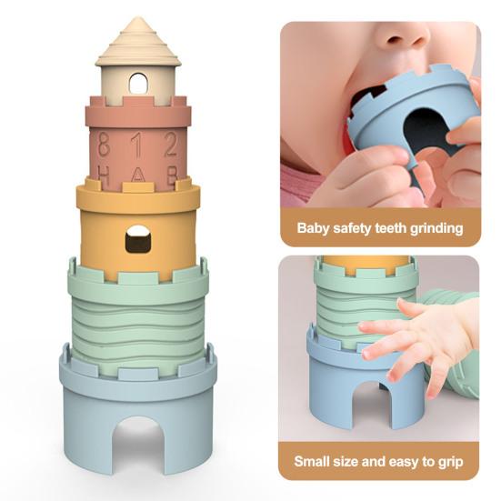 1 Set Baby Stacking Toy Smooth Edge Safe No Odor Anti-cack Silicone Chewable Castle Shape Color Cognition Promote Hand-eye Coordination Number