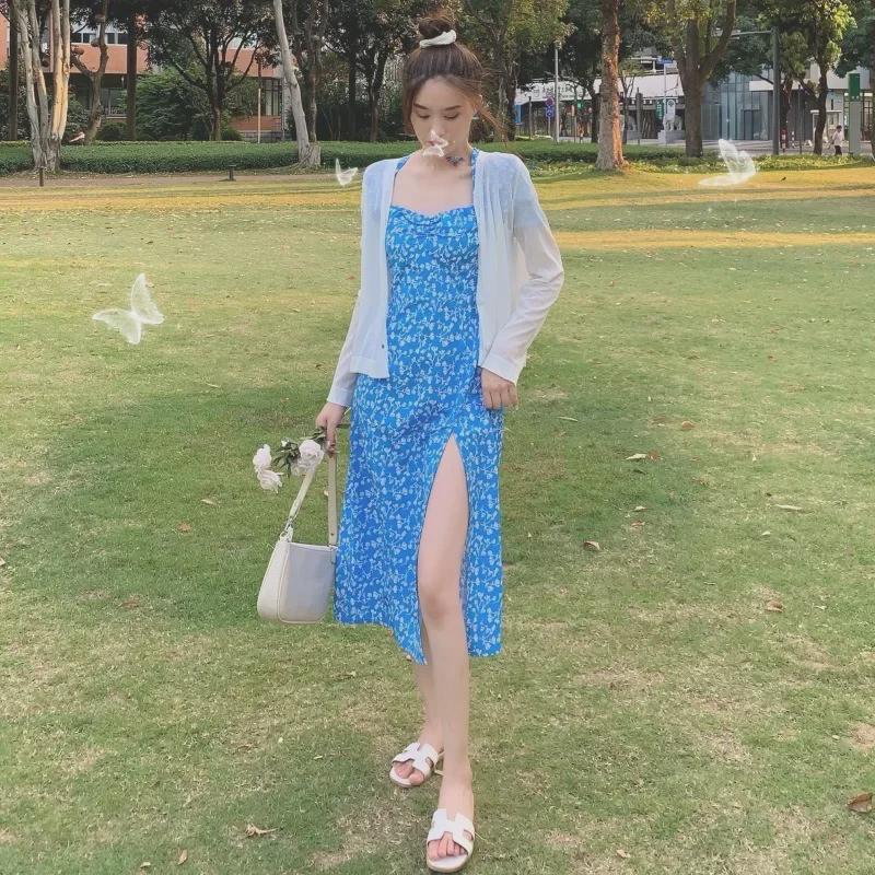 Vestido de Verano Floral Estilo Francés 2024: Falda Larga con Abertura Dulce y Picante