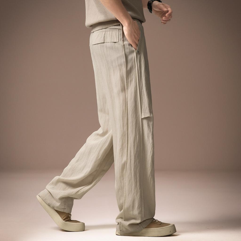 High-end Tencel cotton and linen blended casual pants men's summer thin drape wide legs loose straight cool trousers