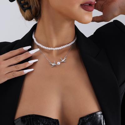 Valentine's Day Lobe Double Beaded Mixed and Matched Metal Chain Necklace Ins Imitation Pearl Double Flying Swallow Necklace
