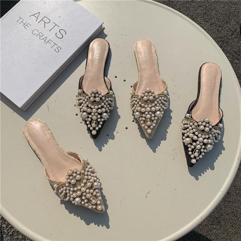 Spetsig pärlstrass dam halvpantoffel sommarväska huvud sexiga platta tofflor sandaler stor storlek 40-43