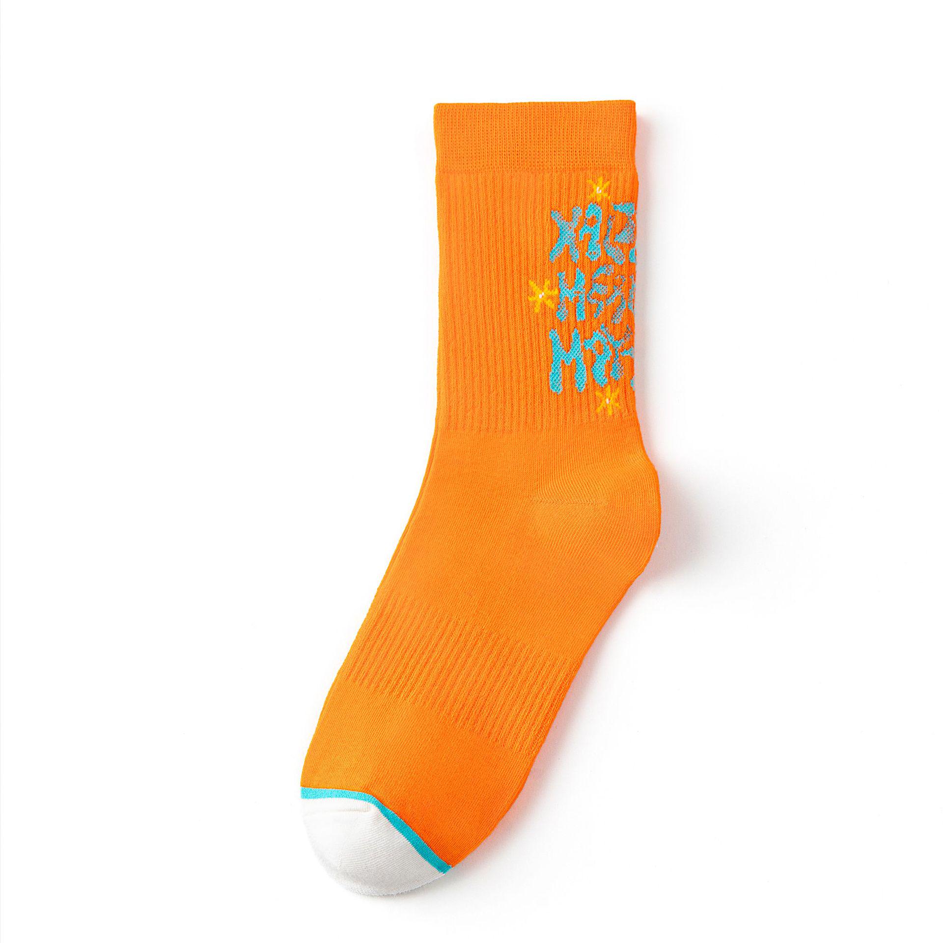 Spring Women s Cotton Sports Socks - Odor-Resistant, Color Blocked, Mid-Calf, Sweat-Absorbent Casual Socks with Lettering. оранжевый