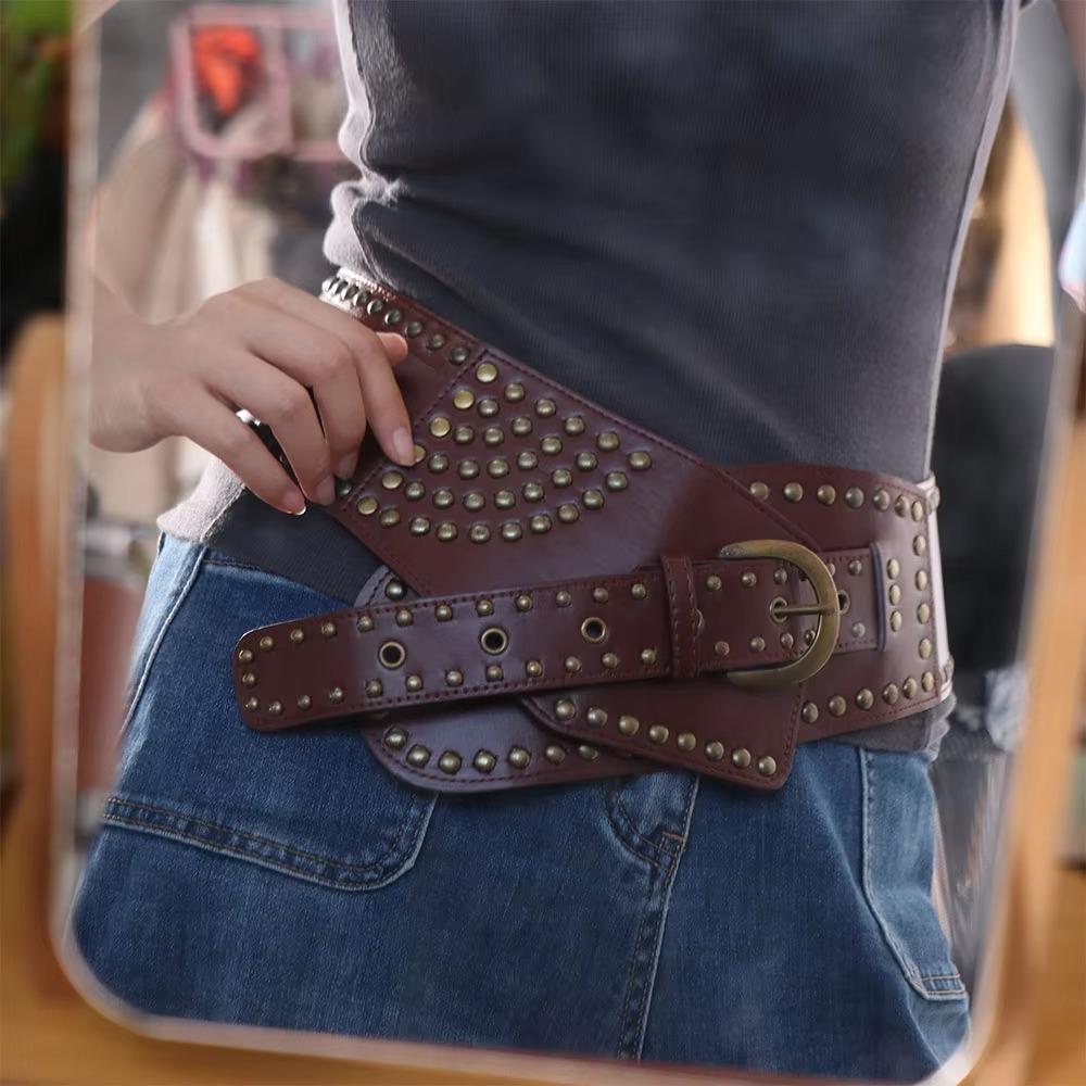 Metal Rivet Wide Belt Adjustable Waist Band Fashion Irregular Cummerbund Spice Girls