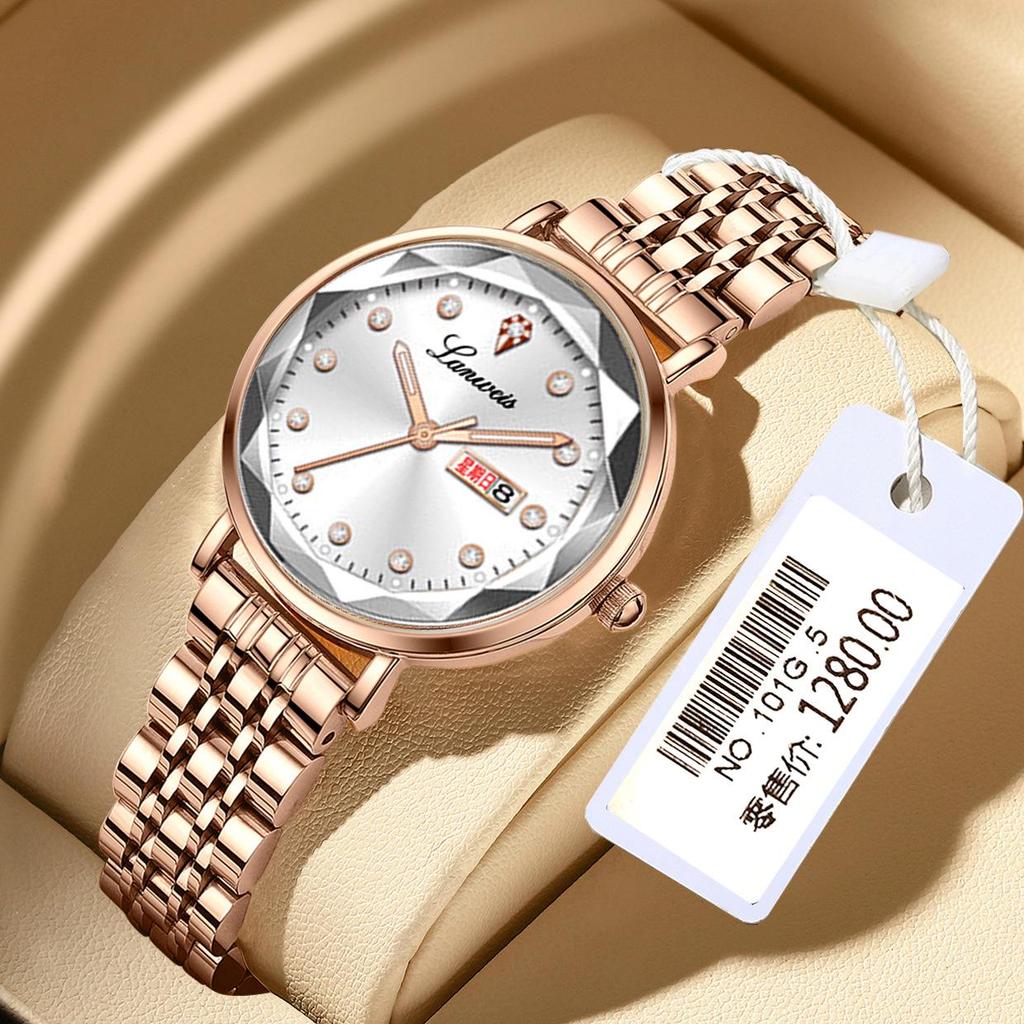 Origineel Dames Stalen Band Horloge met Vlinder Sluiting, Dubbele Datum, Lichtgevend, Waterdicht, Elegante Nieuwe Stijl.