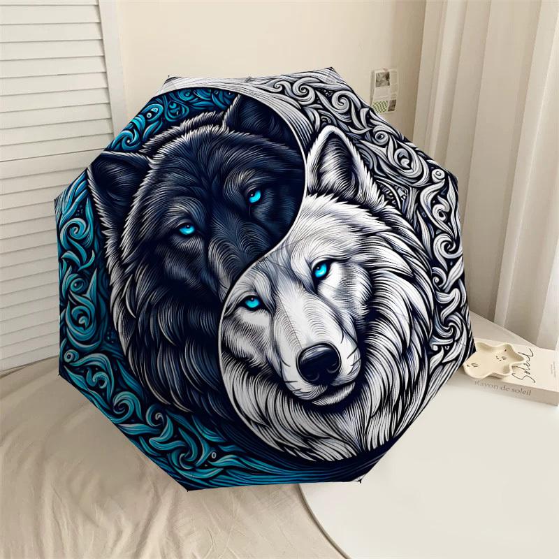 

1PC Wolf Yin Yang Automatic Open/Close Umbrella with Windproof, 8-Rib Sturdy Canopy, Durable Ribs, Fashionable Design,1296a