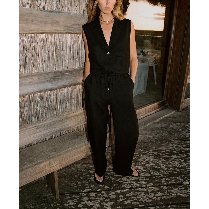 Summer Lapels Vest Style Tops 2373709 Linen Blend Straight-leg High Waist Casual Trousers 9929041