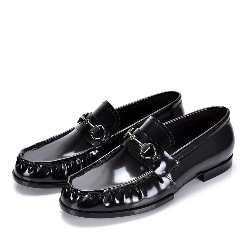 Fashion Black Genuine Leather Men's Shoes Loafers Pointed Toe British Design Horse Collar Buckle Lazy Patent Leather Dress Shoes