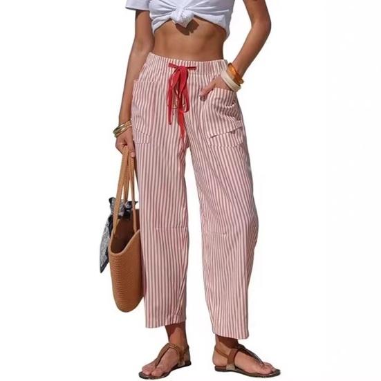 Summer Pants, Casual Wide Leg Trousers for Women, Elastic Drawstring Waist Long Trousers with Striped Print, for Everyday Wear