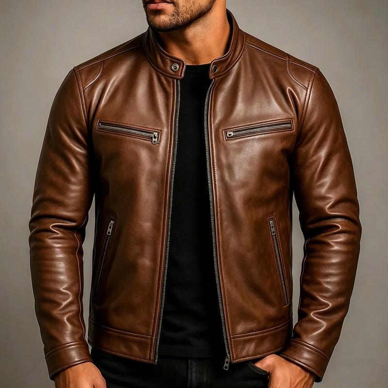 Mens Retro PU Leather Motorcycle Jacket Slim Fit Stand Collar Casual Biker Coat Wear