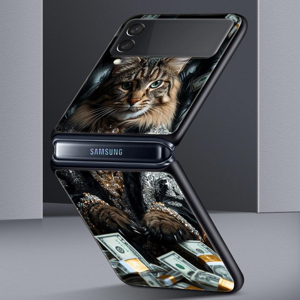 Hard PC Phone Case For Samsung Galaxy Z Flip 7 6 5 4 Black Cover For Galaxy Z Flip 3 Foldable Shockproof Money Cat Fundas Capas