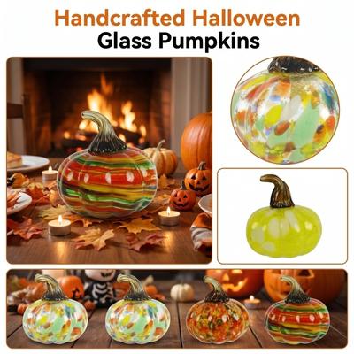 Handcrafted Glass Pumpkin Figurine Decorative Ornament with Multicolored Pattern for Halloween Autumn Table Centerpiece Home Decor