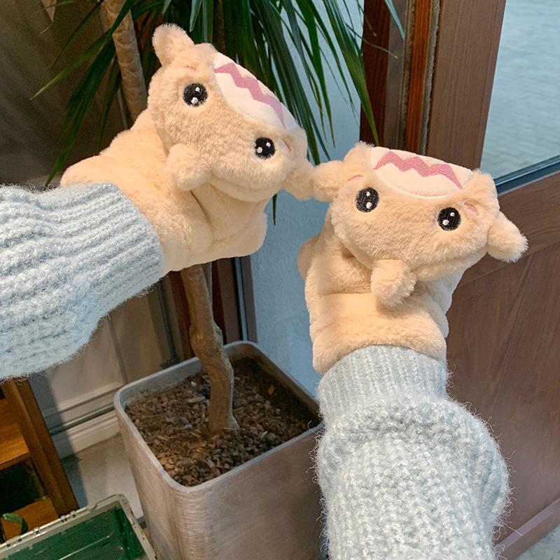 

Gloves for Women In Winter Cute Shark Half Finger Plush Thickened Flip Student Fingers To Prevent Cold Men Keep Warm and Velvet One size