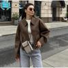 Fashion Brown Zipper Jacket For Women Elegant Lapel Long Sleeve Short Coats Female Vintage Lady Street Outerwear