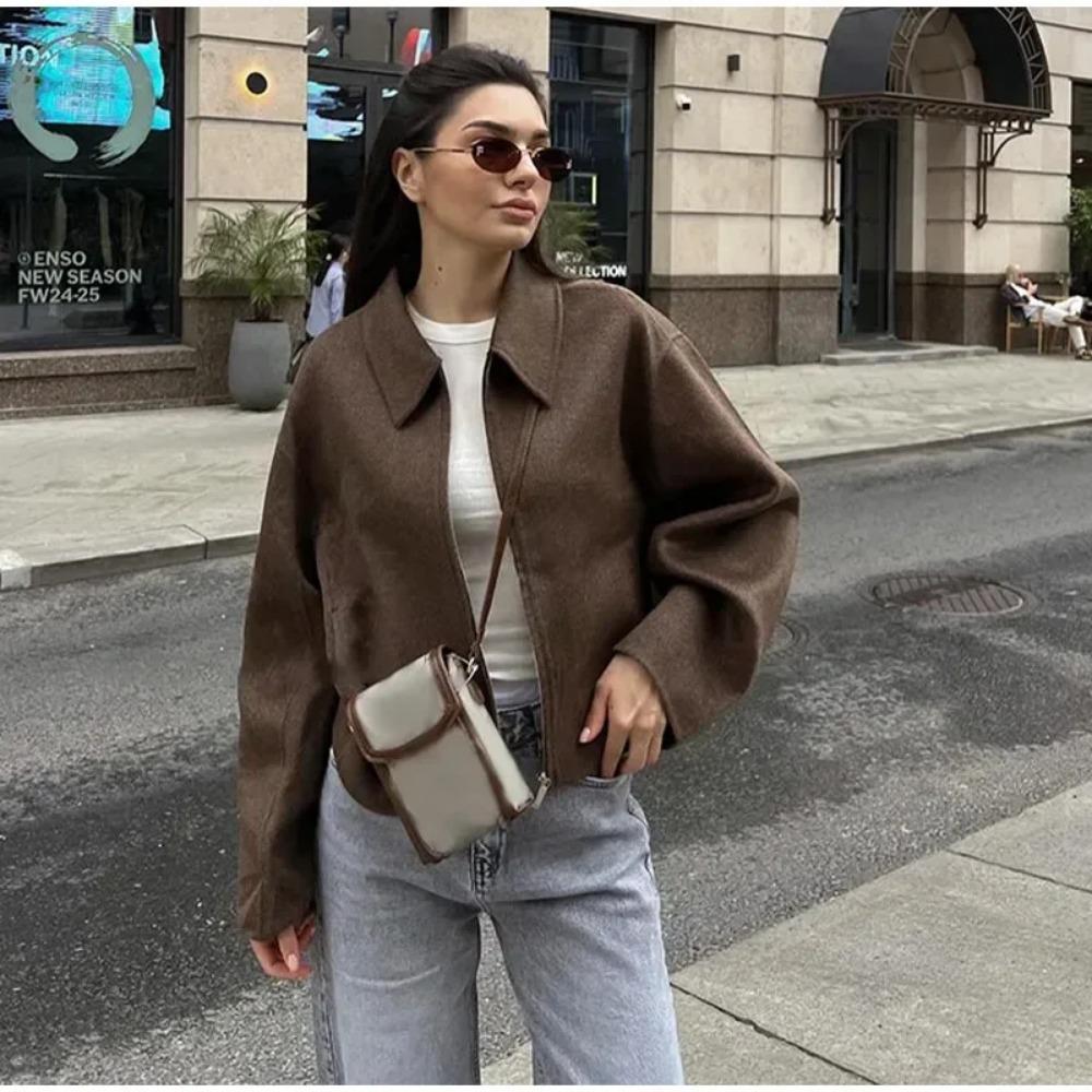 Fashion Brown Zipper Jacket For Women Elegant Lapel Long Sleeve Short Coats Female Vintage Lady Street Outerwear