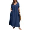 Plus Size Women V Neck Short Sleeve Loose A Line Long Dress With Pockets