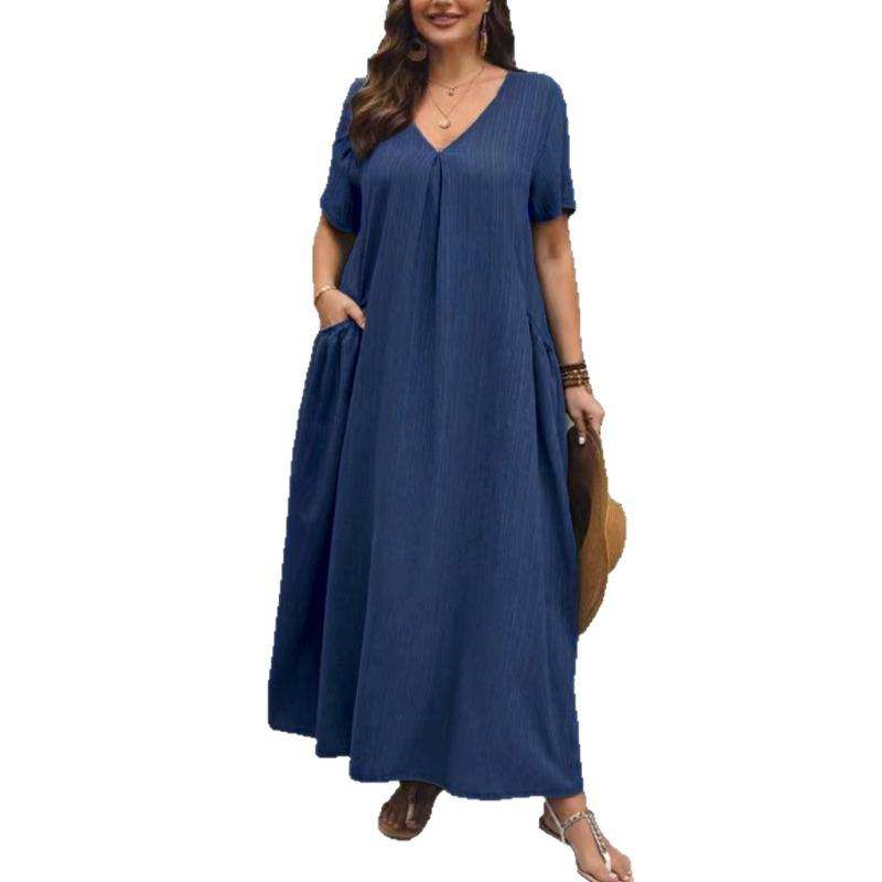 Plus Size Women V Neck Short Sleeve Loose A Line Long Dress With Pockets
