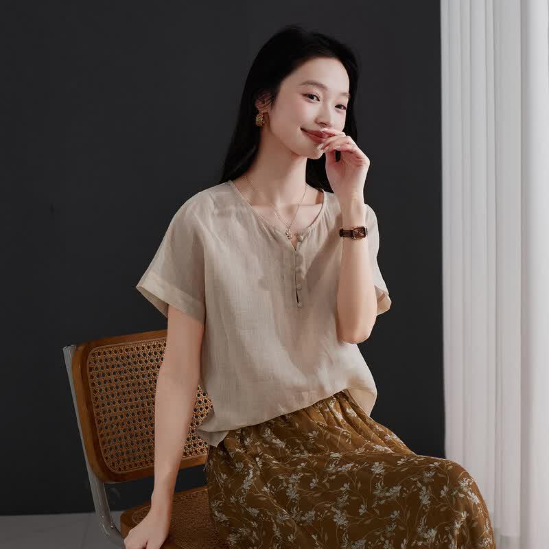SOFSIL Women's 2026 Summer Round Neck Short Sleeve Ramie Blouse