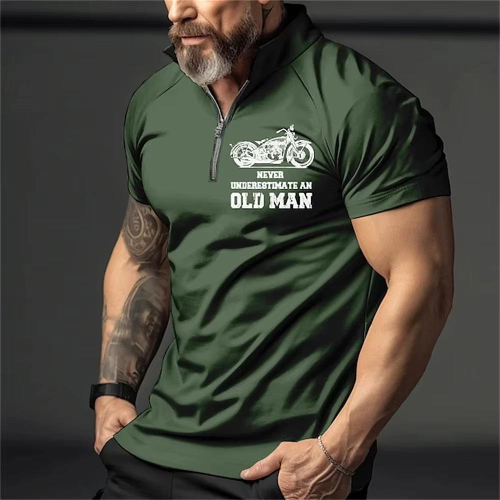 Retro Men's 3D Print Short Sleeve Polo with Zipper Lapel