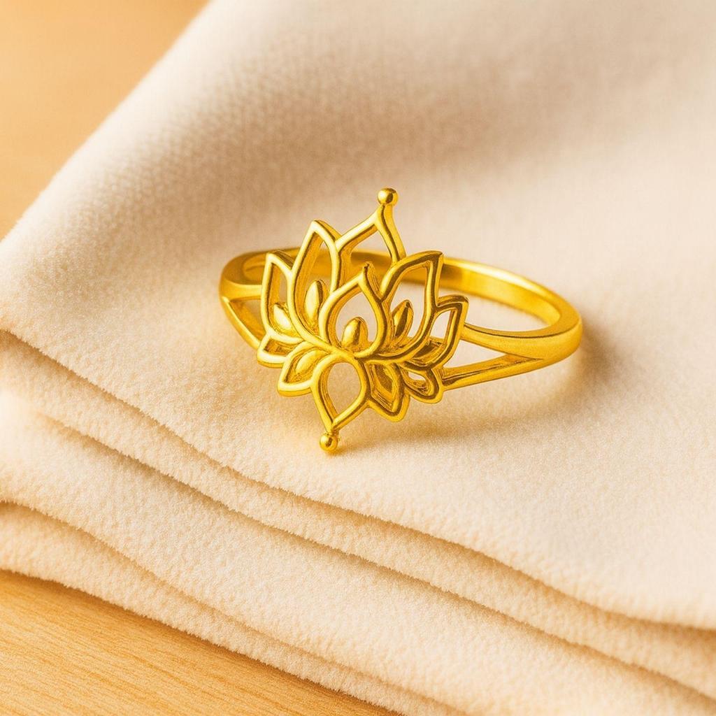 925 Sterling Silver Gold Vermeil Lotus Flower Openwork Spiritual Women Ring