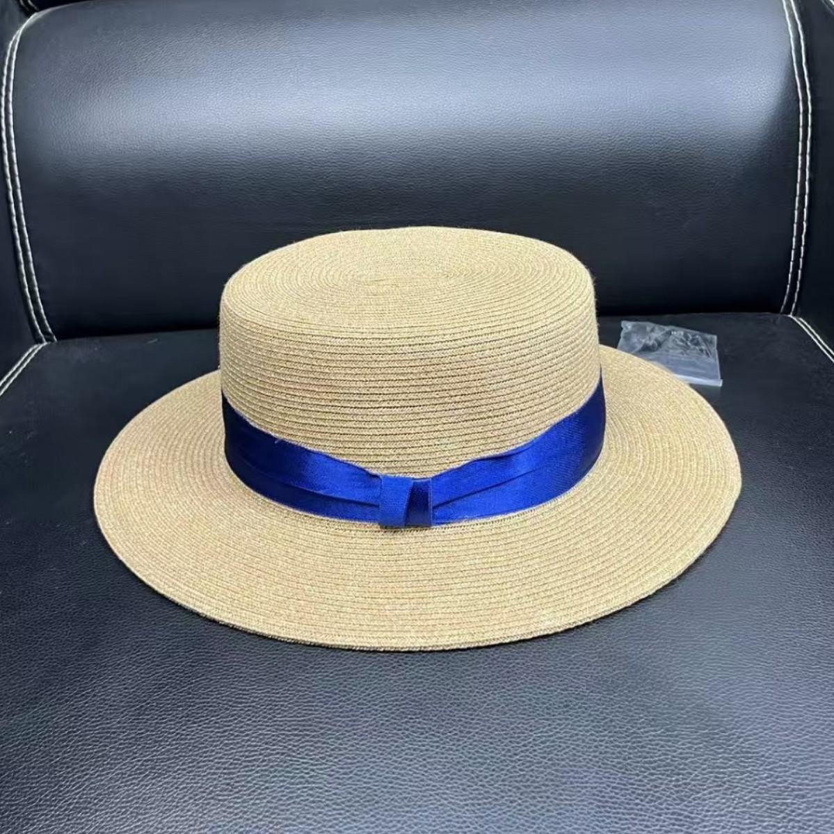 Hepburn style French elegant straw hat women s summer British style flat top hat beach sun hat straw top hat M(55-58cm)