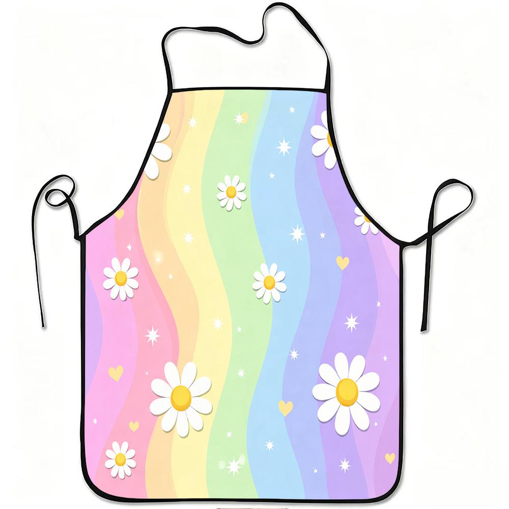 1pc Pastel Wave Print Apron with Rainbow Daisy, Sturdy And Easy to Clean, Adjustable Waist, Made of Polyester, Suitable for Cooking, Gardening, Fruit