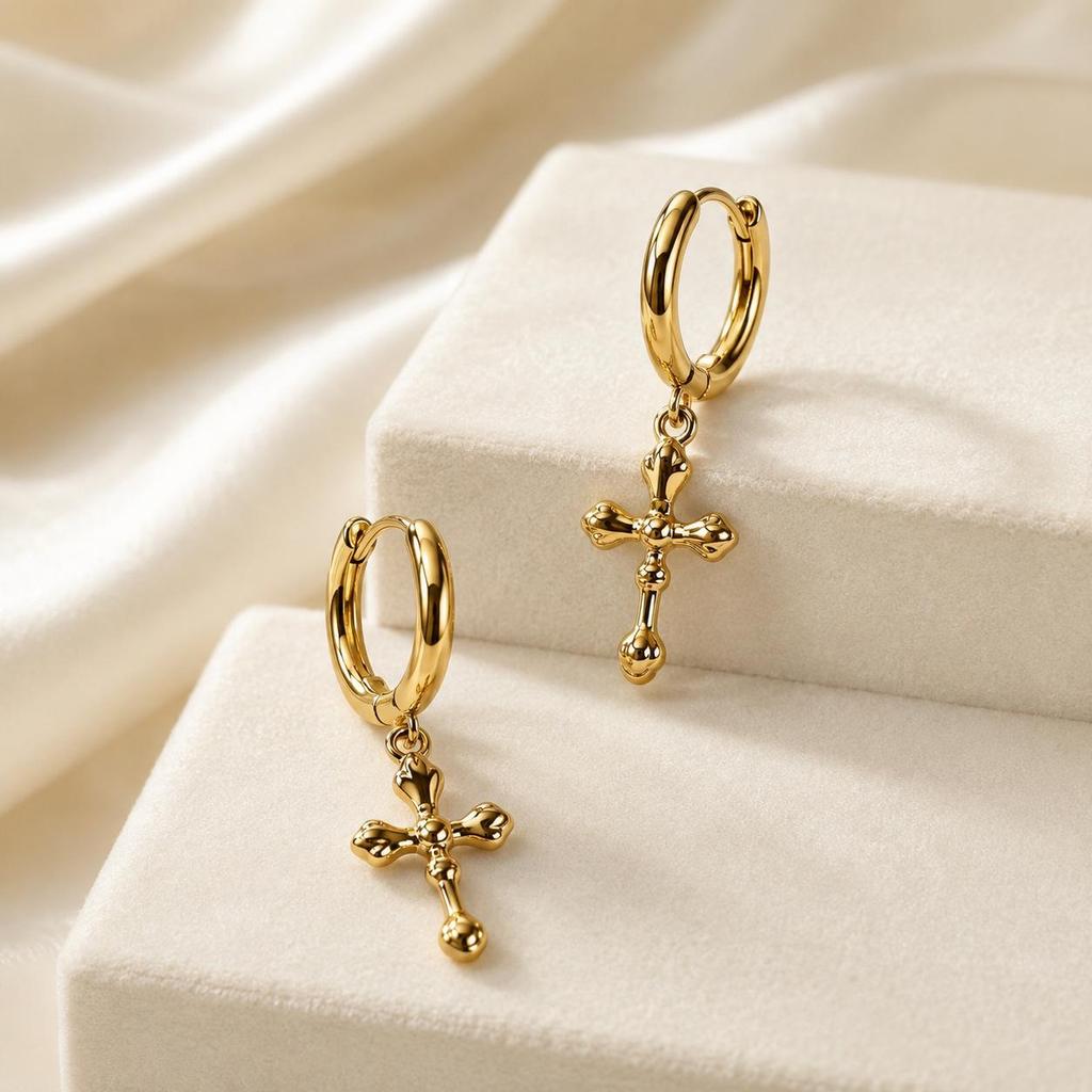 Gold-Tone Stainless Steel Cross Pendant Earrings - European & American High-End Fashion Jewelry